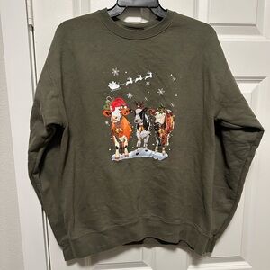 Hanes Green Sweatshirt with Holiday Cow Print